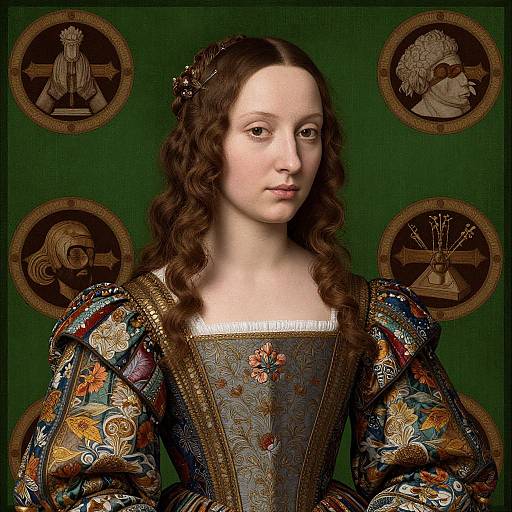 Renaissance portrait of pale-skinned woman with wavy brown hair, wearing ornate floral-patterned gown, set against green background with circular armor