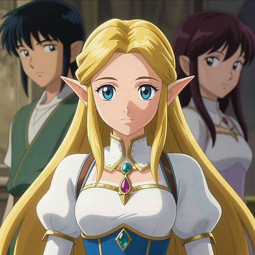 Digital anime-style image of a blonde elf girl with blue eyes, large breasts, and pointed ears in a white and blue fantasy outfit, flanked by