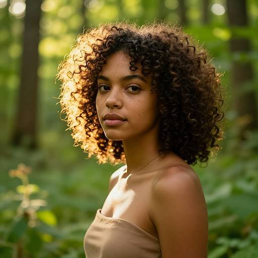 Photograph of a young Black woman with curly hair, sunlit in a forest, wearing a strapless beige top, looking pensively forward. Background