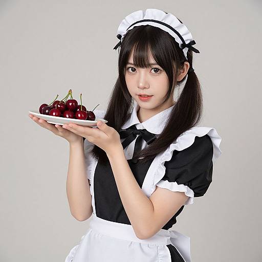 Photograph of an Asian woman in a black and white French maid outfit, holding a white plate with red cherries, against a plain white background.
