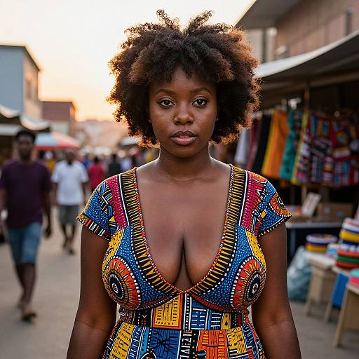 Photograph of a confident, dark-skinned African woman with natural afro, wearing a vibrant, patterned, deep V-neck dress, standing in