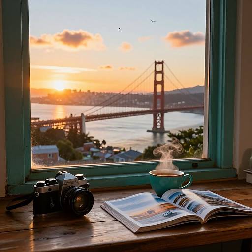 Photograph of a window view showing a sunset over the Golden Gate Bridge, with a steaming cup, open magazine, and vintage camera on a wooden