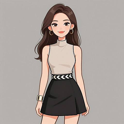 Digital anime-style drawing of a smiling woman with long brown hair, wearing a white sleeveless top, black skirt with a black-and-white belt, large