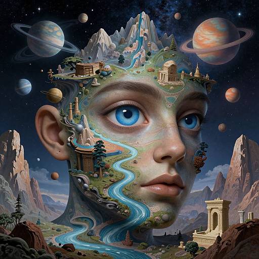 Digital art of a young girl's face with vibrant blue eyes, mountains, rivers, buildings, and planets inside her head, under a starry sky