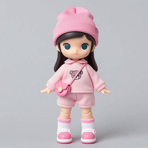 Photograph of a cute, anime-style doll with large blue eyes, wearing a pink beanie, sweater, shorts, white socks, pink shoes,