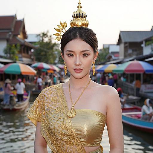 Photograph of an Asian woman with fair skin, black hair in an updo, wearing a gold, ornately patterned sari and crown,