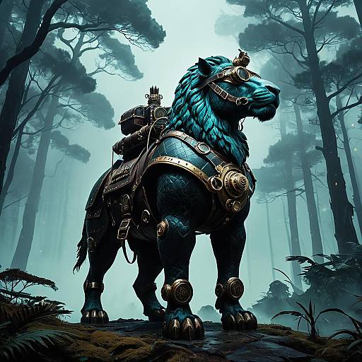 Steampunk Anthropomorphic Lion in Foggy Forest