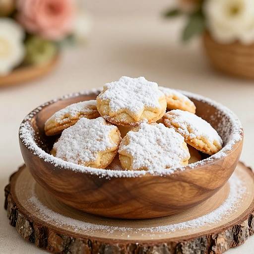 Photograph of a wooden bowl filled with powdered sugar-covered cookies, resting on a tree slice, with blurred flowers in the background.