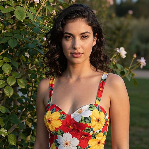 Photograph of a young woman with olive skin and dark wavy hair, wearing a red floral dress with yellow and white flowers, standing in a sun