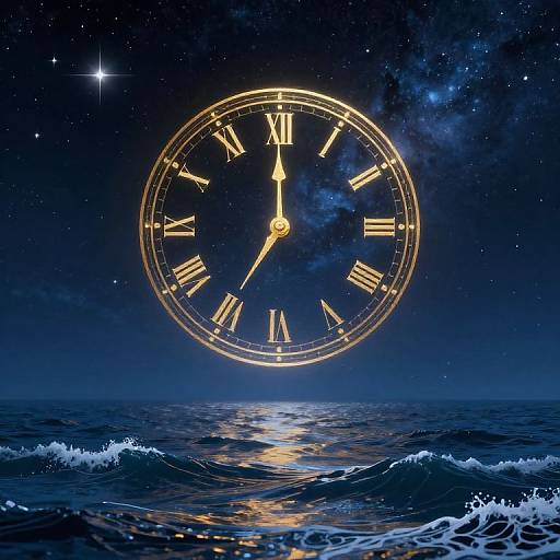Digital artwork: A glowing, golden Roman numeral clock floats in a starry, cosmic night sky over a shimmering, wave-filled ocean.