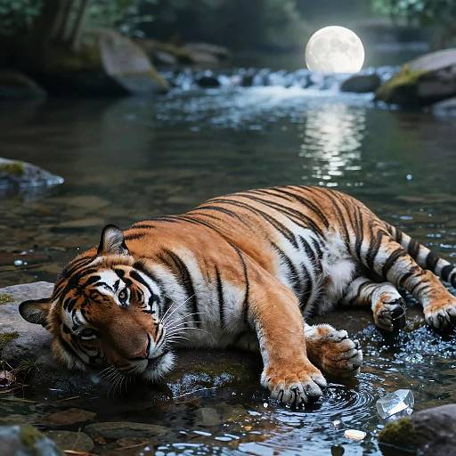 Photograph of a resting tiger with orange and black stripes lying on a rocky stream, illuminated by a glowing moon in a forest background.