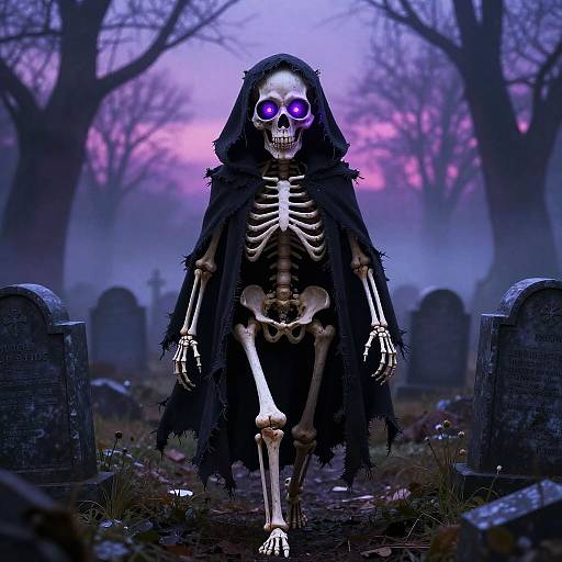 Ethereal Skeleton in Foggy Graveyard