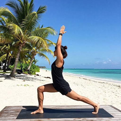 Photograph of a woman in a black tank top and shorts, performing a yoga stretch on a beach mat, with palm trees and turquoise ocean in the
