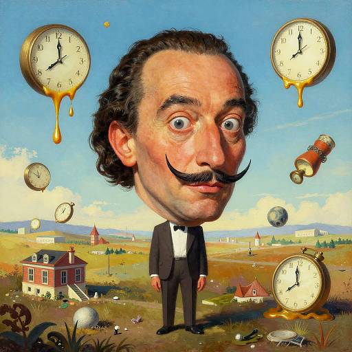 Cartoonish, oversized man with mustache, black suit, floating clocks, and melting clocks, stands in surreal, colorful countryside landscape. Digital art