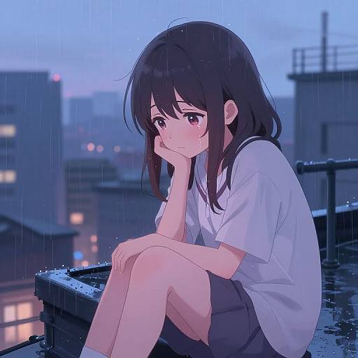 Anime-style digital drawing of a sad, blushing teenage girl with long black hair, sitting on a wet rooftop in the rain, wearing a white shirt