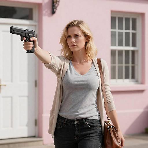 Blonde Woman with Gun in Urban Scene