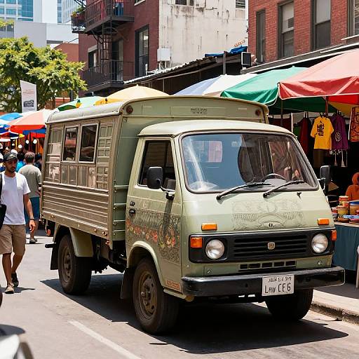 Photograph of a vintage, olive-green food truck on a sunny street, surrounded by colorful market stalls and pedestrians. Urban backdrop.