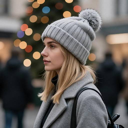 Blonde Woman in Beanie with Holiday Lights