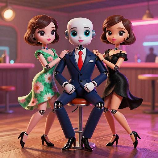 CGI image of two stylized, anime-inspired women in floral and black dresses, flanking a bald, robotic man in a suit on a bar