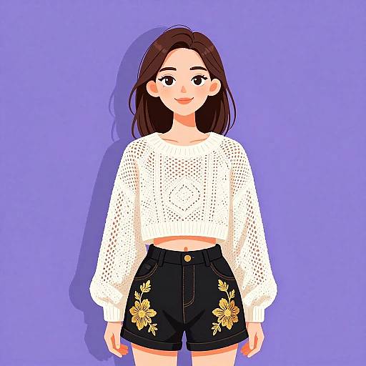 Digital illustration of a smiling young woman with brown hair, wearing a white lace crop top and black floral shorts, against a purple background.