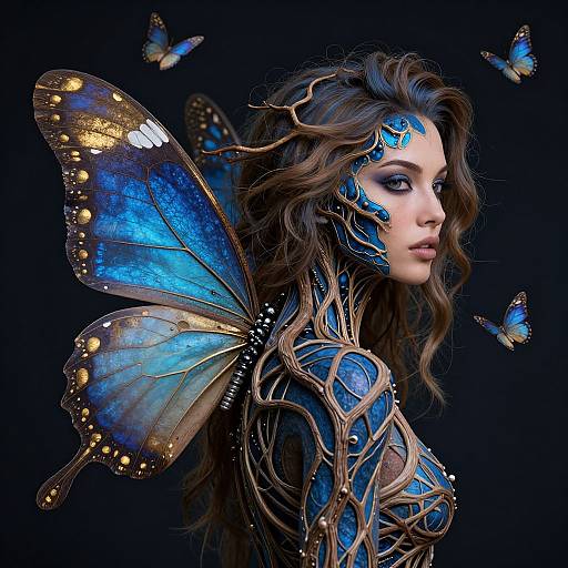 Digital fantasy artwork of a blue-winged fairy woman with wavy brown hair, blue face paint, and intricate wooden patterned armor, surrounded by blue