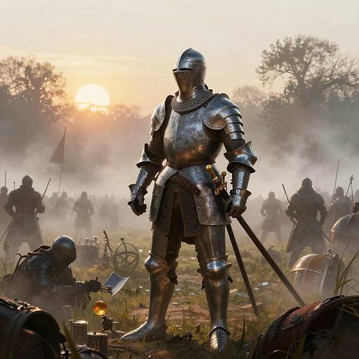 Photorealistic CGI of a lone armored knight standing in a foggy battlefield at sunrise, surrounded by other armored soldiers and scattered equipment.
