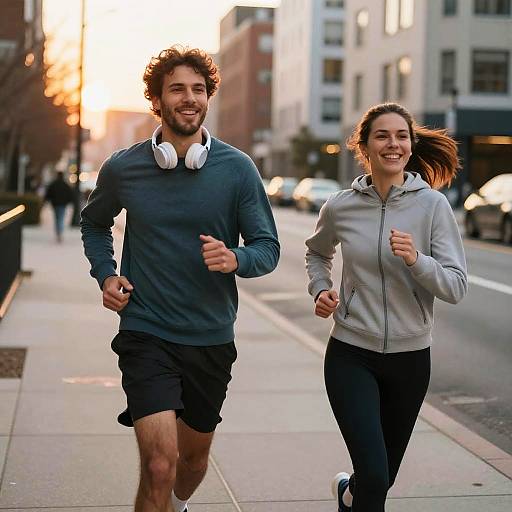 Couple Jogging on City Sidewalk at Sunset