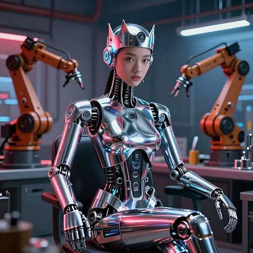 Photorealistic CGI of a shiny, silver robot woman with cat-ear helmet, seated in a futuristic factory with orange robotic arms.