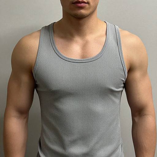 Photograph of a muscular man with light brown skin, wearing a gray ribbed tank top, against a plain light gray background.