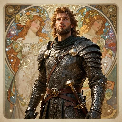 Digital artwork of a bearded, muscular man in ornate black armor with a determined expression, standing before a glowing, stained-glass window of two