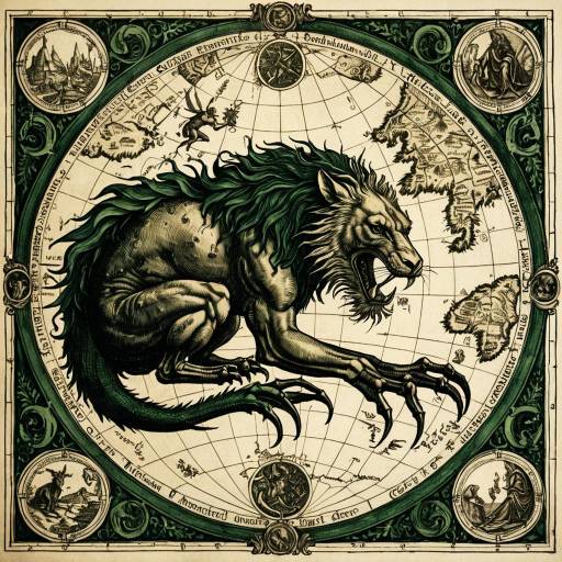 Ancient Map Featuring Mythical Creature by Albrecht Dürer Style