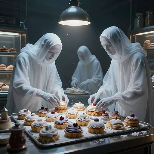Photograph of two ghostly, white-robed women decorating cupcakes under a bright, industrial pendant light in a dark bakery.