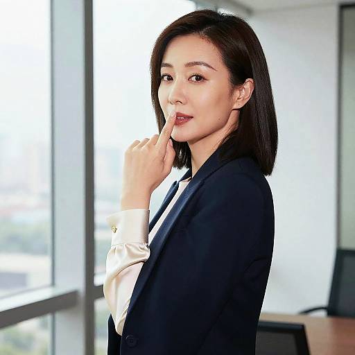 Photograph of an Asian woman with straight black hair, wearing a black blazer over a white shirt, standing indoors by a window, finger resting on