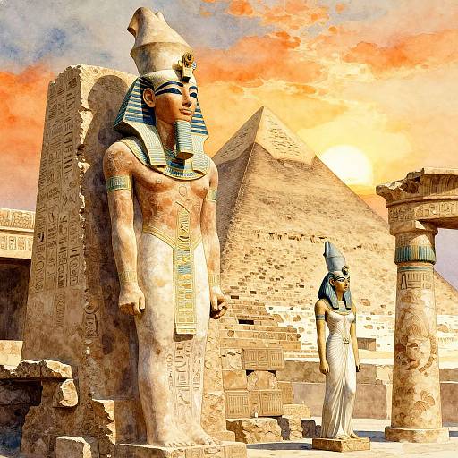 Photorealistic digital art of ancient Egyptian scene: tall, stone statue of pharaoh with striped headdress, smaller statue, pyramids, columns,