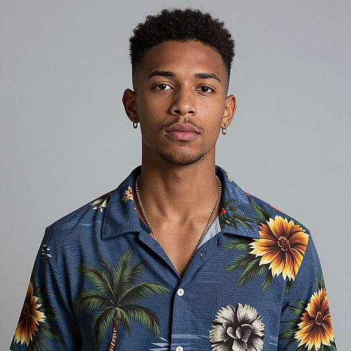 Photograph of a young Black man with short curly hair, wearing a blue floral shirt with sunflowers and palm leaves, against a plain light blue background