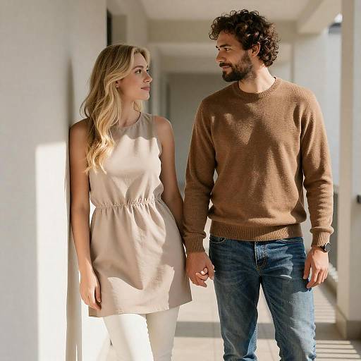 Couple in Sunlit Outdoor Corridor