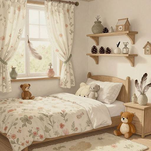 Cozy, sunlit nursery with floral curtains, wooden bed, stuffed bears, floral bedding, shelves with pinecones, birdhouses, and v