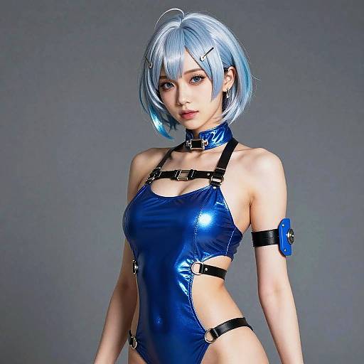 CGI image of a young woman with silver-blue bob haircut, wearing a shiny blue leather harness bodysuit, black straps, and blue armb