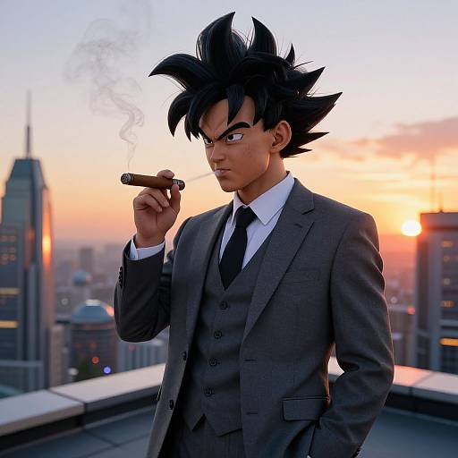 Anime-style drawing of a spiky-haired, muscular man in a gray suit and tie, smoking a cigar on a rooftop at sunset, with a city
