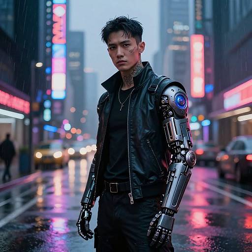 Cybernetic Asian male with black leather jacket, wet hair, and robotic arm stands in neon-lit, rainy city street at dusk. Phot