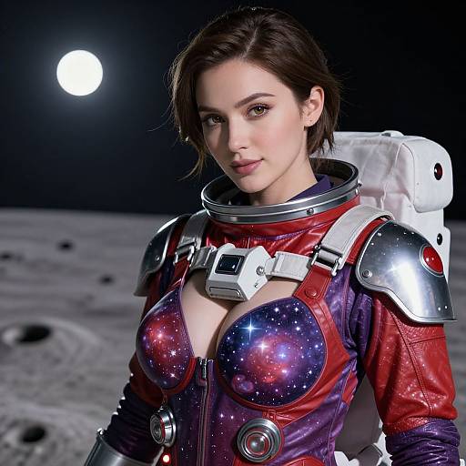 Photorealistic CGI of a beautiful woman in a red and purple galaxy-patterned spacesuit with metallic armor, standing on the moon under a bright full