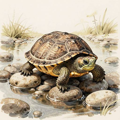 Cute Turtle on Earth-Tone River Stones