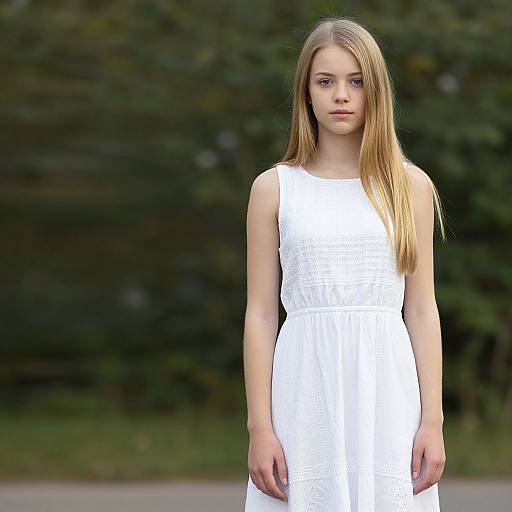 Photograph of a young blonde woman with straight hair, wearing a sleeveless white dress, standing outdoors against a blurred green background.