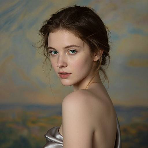 Photograph of a young woman with fair skin, blue eyes, and brown hair in a loose updo, wearing a silver strapless top, against