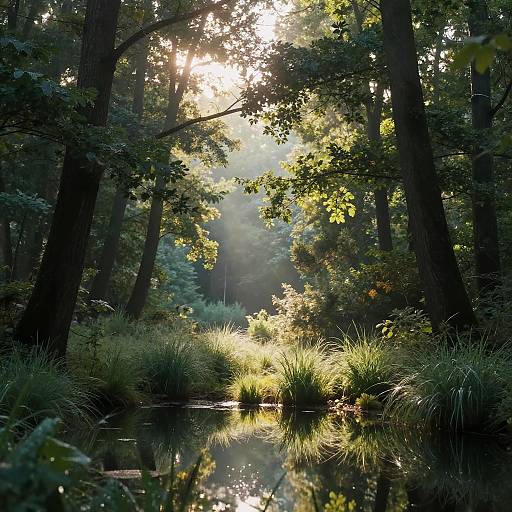 Photograph of a sunlit forest clearing, sunlight filtering through tall trees, illuminating green grasses and a reflective pond in the foreground.