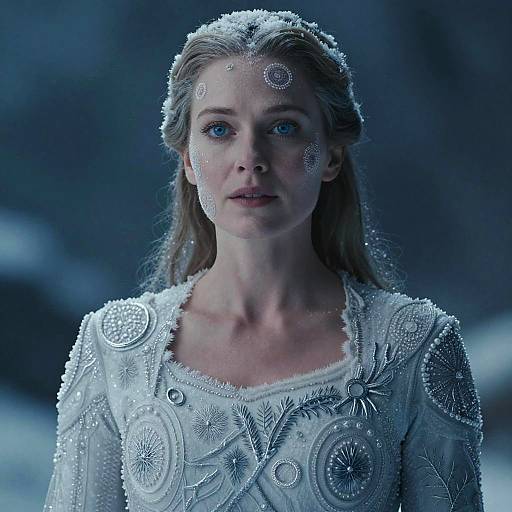 Serene Cinematic Snow-Patterned Woman Portrait