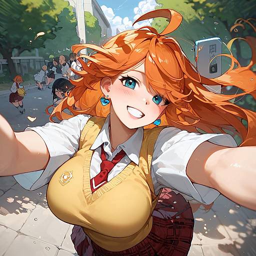 Aqua-Eyed Orange Schoolgirl Selfie in Street