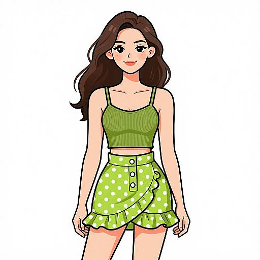 Digital anime-style drawing of a smiling young woman with long brown hair, wearing a green ribbed crop top and green polka-dot high-waisted