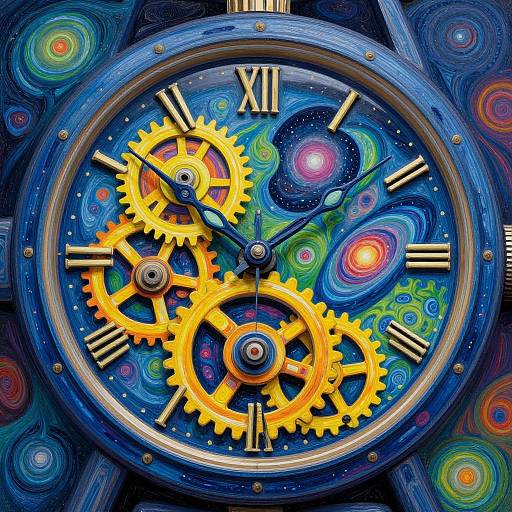 Vibrant, surreal clock with yellow gears, Roman numerals, and cosmic swirls against a blue, starry background. Digital art with vivid