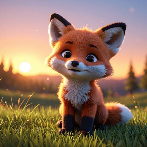 Cute 3D Baby Fox at Sunset